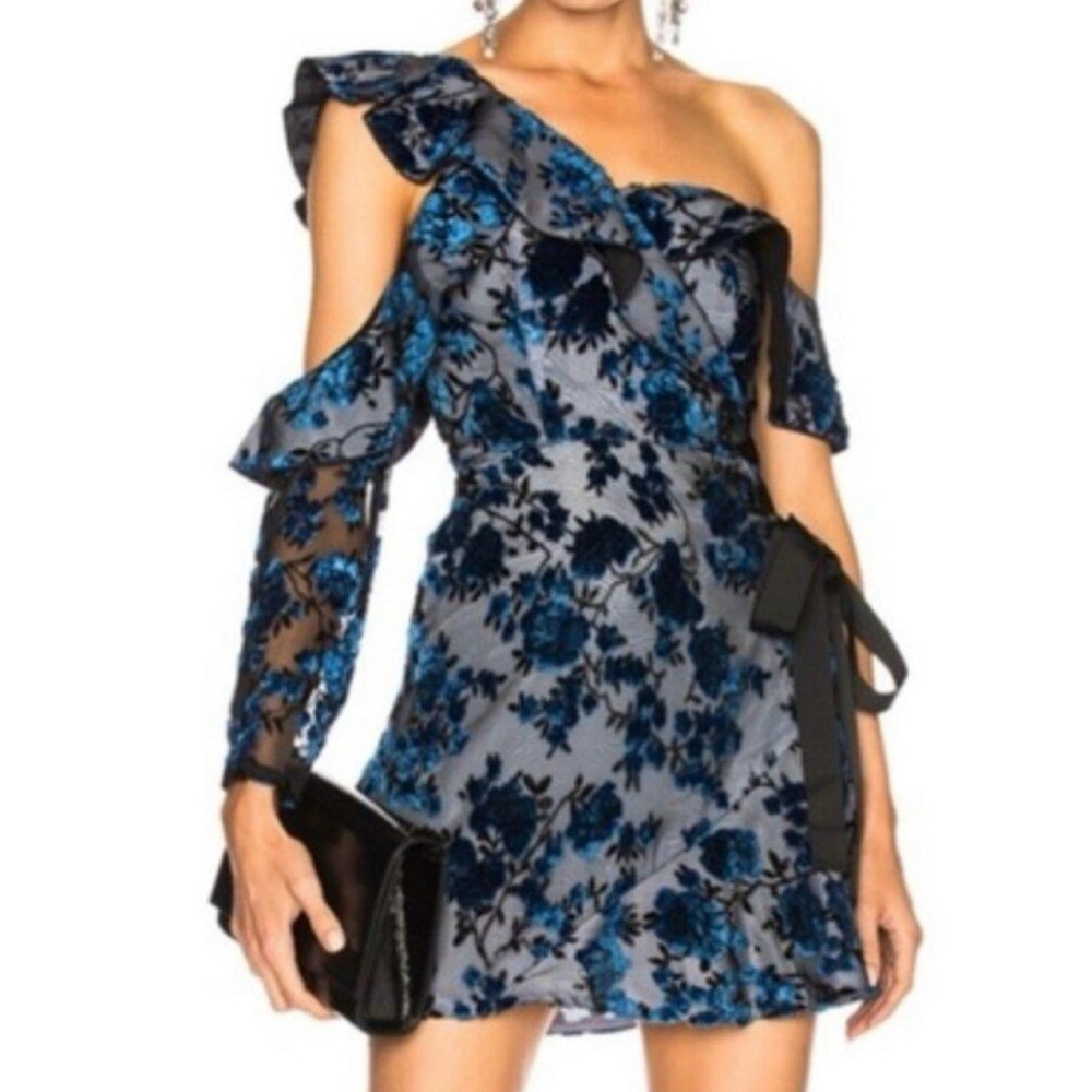 Self-Portrait Black and Blue Floral One-Shoulder Dress